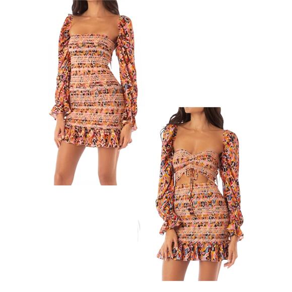 Maaji Prism Cat Marta Short Dress Smocked Mini 4 in 1 Wear Cut Out Tassels M NEW - Picture 1 of 16